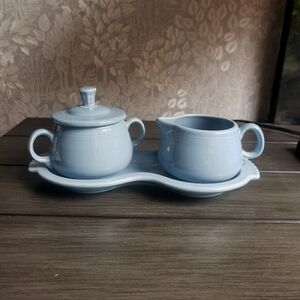 Fiesta P86 Periwinkle Sugar with lid, Creamer & Figure 8 tray
